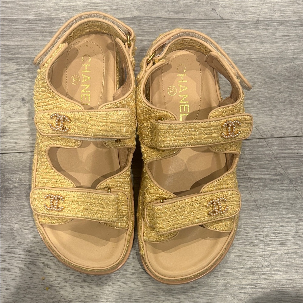 CHANEL Yellow Tweed Double-Strap Espadrille Sandals with CC Bead Accents
